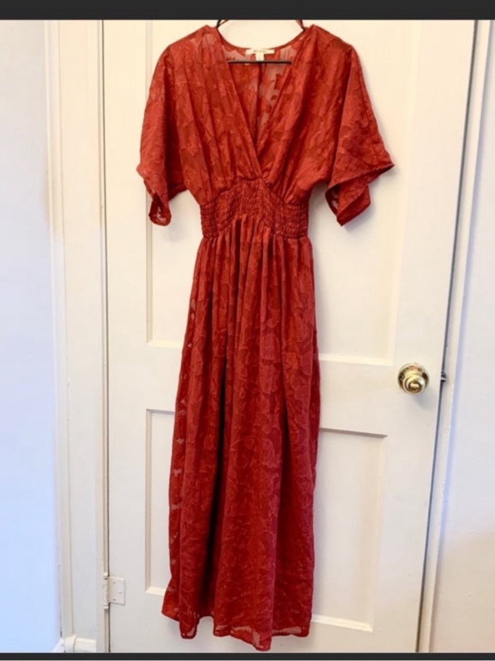 Francesca’s Rust Red Maxi Dress with Smocked Waist